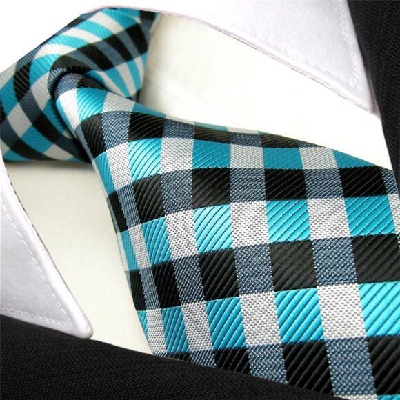 Aqua Blue Silver Gray Black Stripe Check Plaid Design 100% SILK TIE Jacquard Wov - Picture 4 of 7